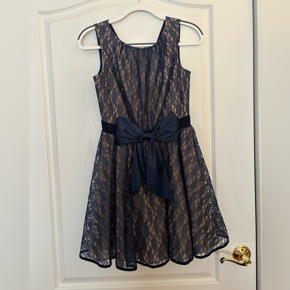 Little Mistress Navy Lace Party Dress with Satin Bow